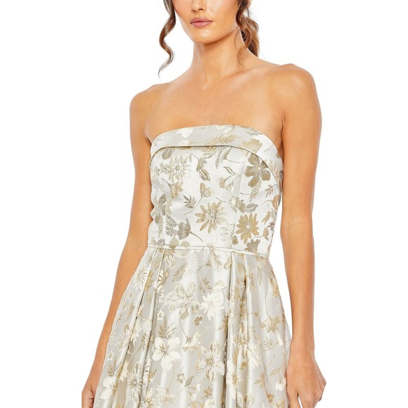 Mac Duggal NEW White Gold Brocade Strapless Golden Floral High Low Gown - Size 4 - Picture 6 of 15